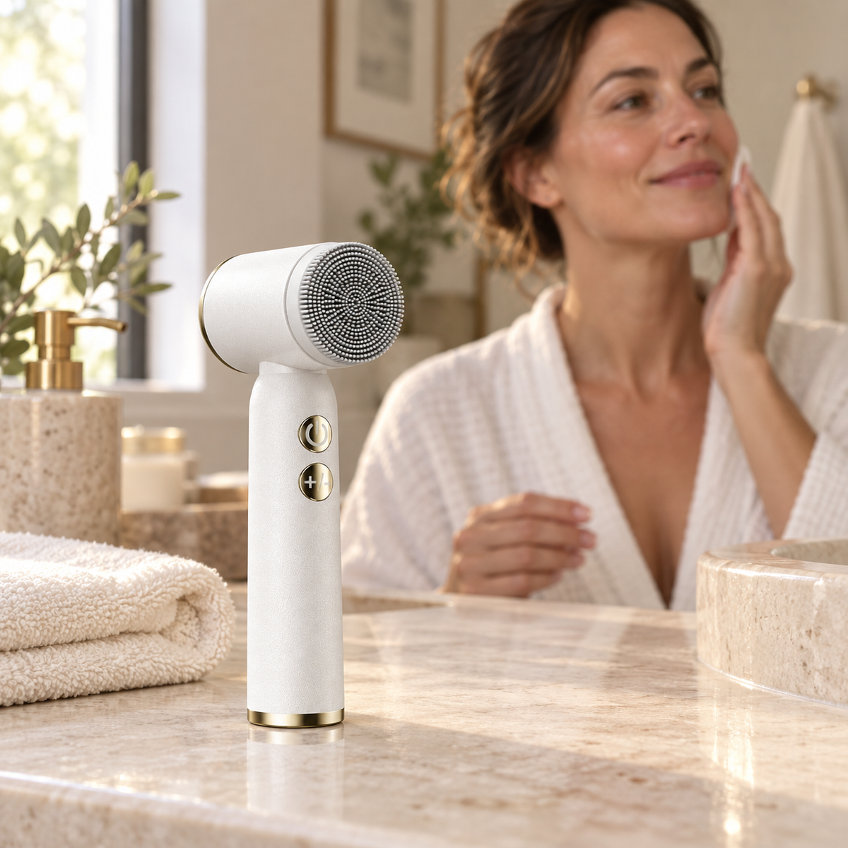 White sonic facial cleansing brush on a warm bathroom counter