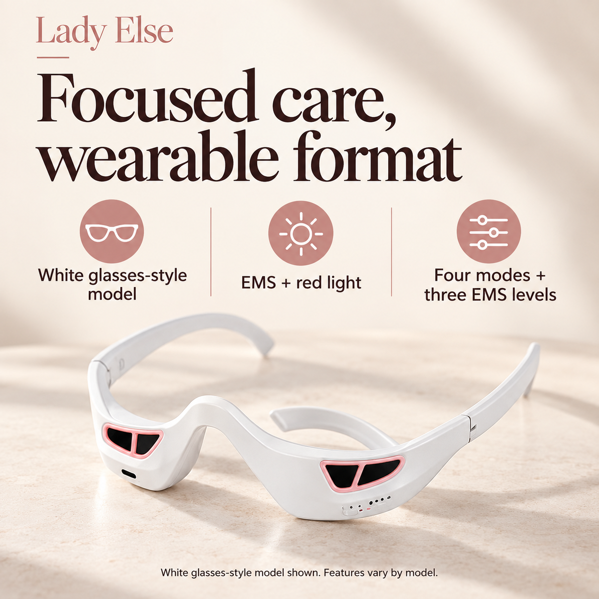 Focused care, wearable format. White glasses-style model. EMS + red light. Four modes + three EMS levels