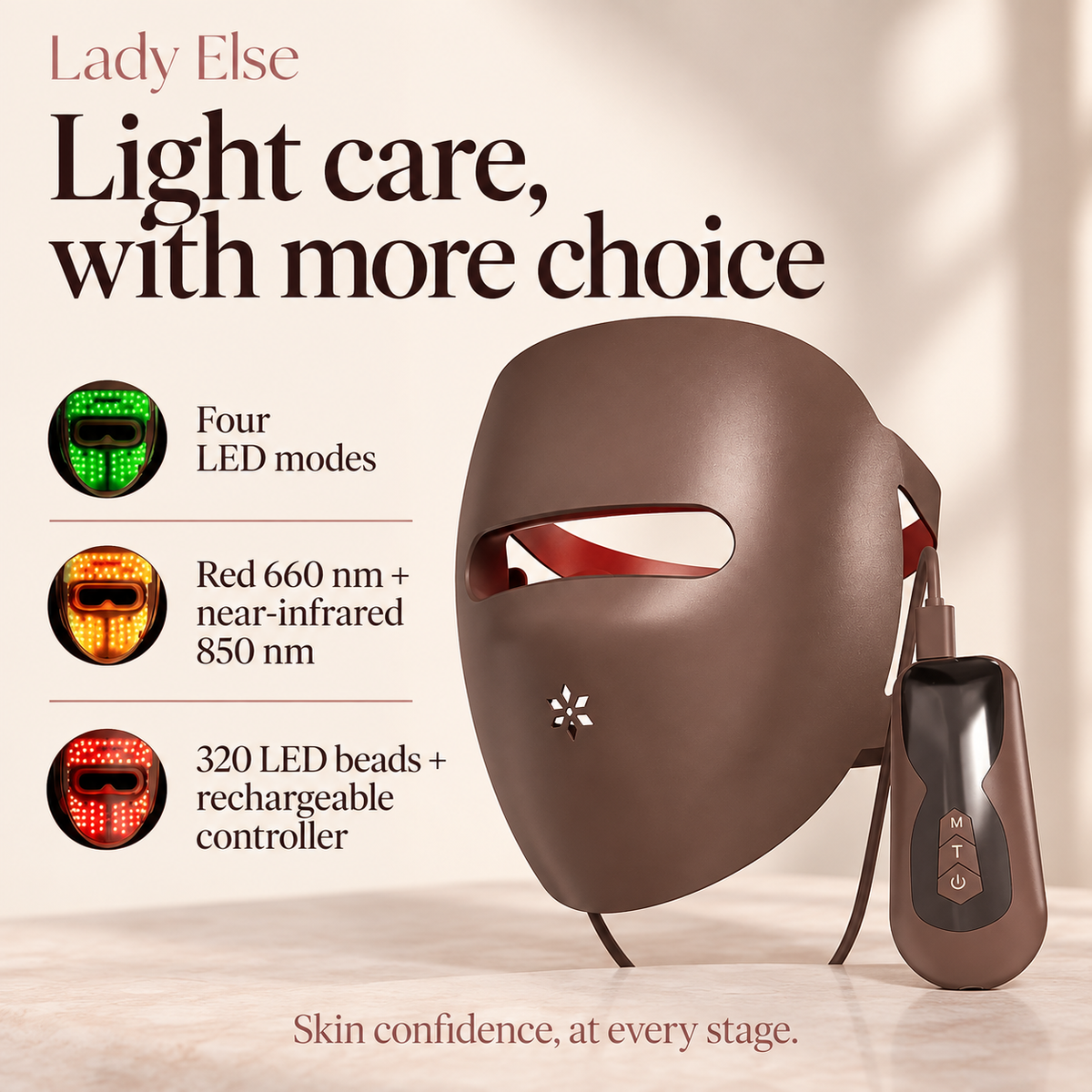 Light care, with more choice. Four LED modes. Red 660 nm + near-infrared 850 nm. 320 LED beads + rechargeable controller