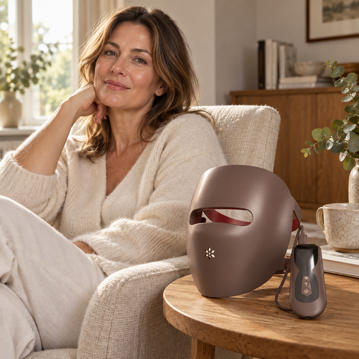 Woman beside the red and near-infrared LED face mask and controller