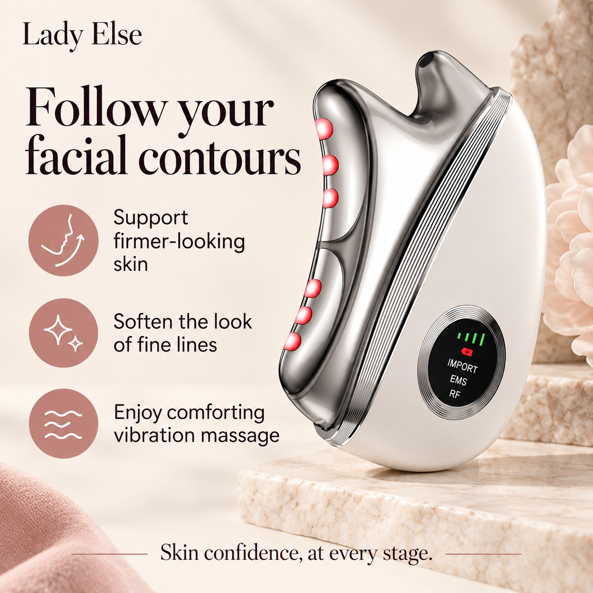 Follow your facial contours. Support firmer-looking skin. Soften the look of fine lines. Enjoy comforting vibration massage