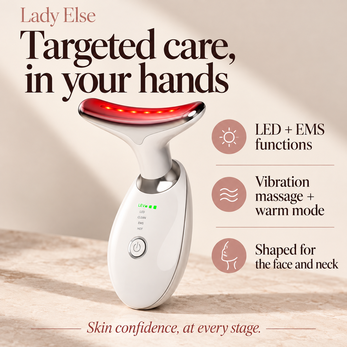 Targeted care, in your hands. LED + EMS functions. Vibration massage + warm mode. Shaped for the face and neck
