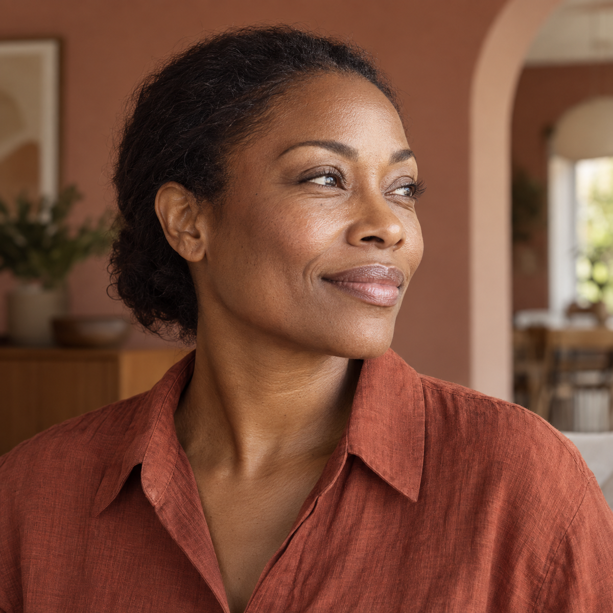 Woman in three-quarter profile showing her natural facial contours