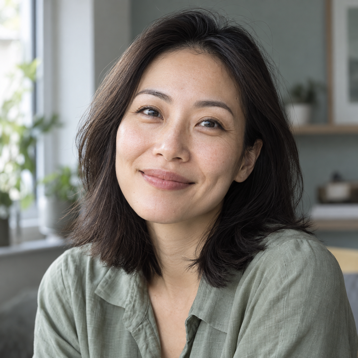 Woman with a relaxed smile and bright-looking eyes beside an indoor window