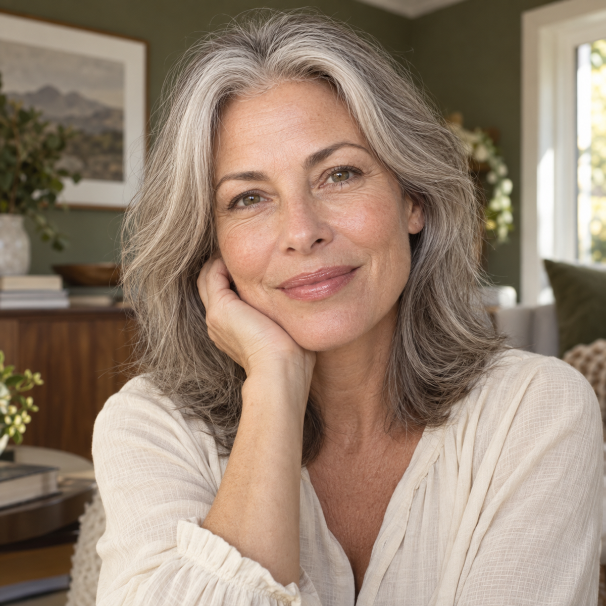 Mature woman smiling in a walnut and olive green living room
