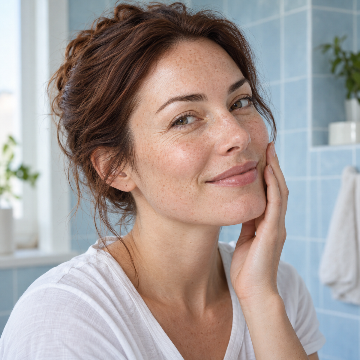 Woman with naturally luminous skin in a bright blue tiled bathroom